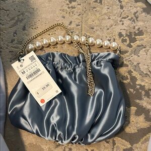 Zara Blue Satin Clutch with Pearl Chain